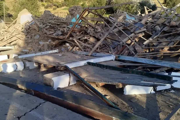 This handout picture released by Peru's Defense Ministry shows a collapsed house on the outskirts of Huancayo, about 300 km east of Lima, on July 19, 2026, following a 5.5 magnitude quake. (Handout / Peruvian Ministry of Defense / AFP) 