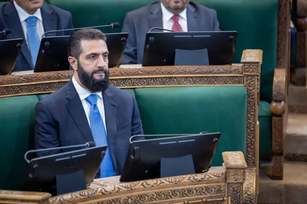12 July 2026, Syria, Damascus: Syrian President Ahmed al-Sharaa attends the inaugural session of Syria's newly formed People's Assembly in Damascus. (Syrian Presidency)