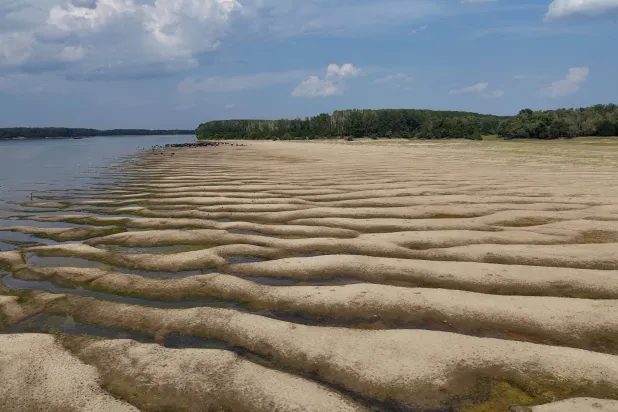 Sand dunes after Danube river's level fell substantially, near Calarasi, Romania, July 18, 2026. (Inquam Photos/Ovidiu Micsik via Reuters)
