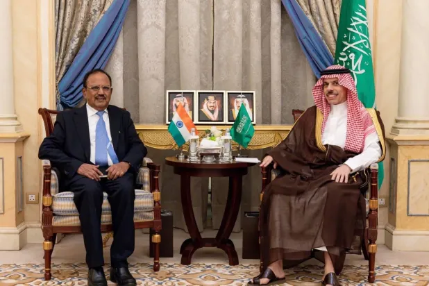 Saudi Foreign Minister Prince Faisal bin Farhan bin Abdullah and Indian National Security Advisor Ajit Doval meet in Riyadh on Monday. (SPA)