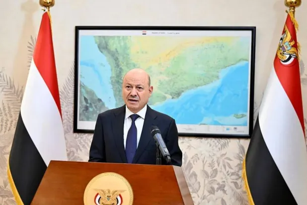 Chairman of Yemen’s Presidential Leadership Council Dr. Rashad al-Alimi  delivers an address to the people on Monday. (Saba)