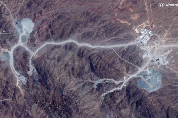 A satellite view shows tunnel entrances at Pickaxe Mountain, of the Natanz nuclear facility, near Natanz, Iran, June 30, 2026. (Vantor/Handout via Reuters)