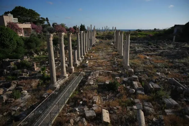  Roman-era columns stand at an archaeological site, which was lightly damaged in an Israeli strike nearby, in the southern port city of Tyre, Lebanon, Thursday, June 18, 2026. (AP) 