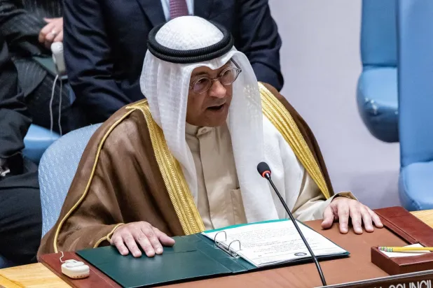 جاسم البديوي يلقي كلمته خلال المناقشة المفتوحة رفيعة المستوى لمجلس الأمن الدولي في نيويورك الأربعاء (مجلس التعاون)