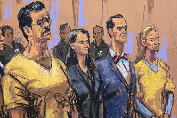 Ousted Venezuelan President Nicolas Maduro and his wife, Cilia Flores, stand with Maduro's lawyer Anna Estevao and Flores' lawyer, Mark Donnelly, at a hearing before US District Judge Alvin Hellerstein, who set a trial date of June 1, 2027 to face US drug trafficking charges at the Daniel Patrick Moynihan United States Court House in New York City, US, July 22, 2026 in this courtroom sketch. REUTERS/Jane Rosenberg