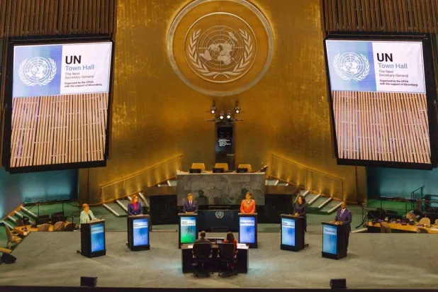 Candidates for the position of United Nations secretary-general (L-R) Michelle Bachelet Jeria, Maria Fernanda Espinosa Garces, Rafael Mariano Grossi, Rebeca Grynspan Mayufis, Carolyn Rodrigues Birkett and Macky Sall participate in the "UN Town Hall: The Next Secretary-General" in the General Assembly Hall at United Nations headquarters in New York, New York, USA, 23 July 2026. (EPA)