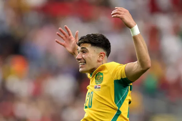 ARLINGTON, TEXAS - JULY 03: Cristian Volpato #20 of Australia celebrates during the FIFA World Cup 2026 Round of 32 match between Australia and Egypt at Dallas Stadium on July 03, 2026 in Arlington, Texas. Alex Slitz/Getty Images/AFP