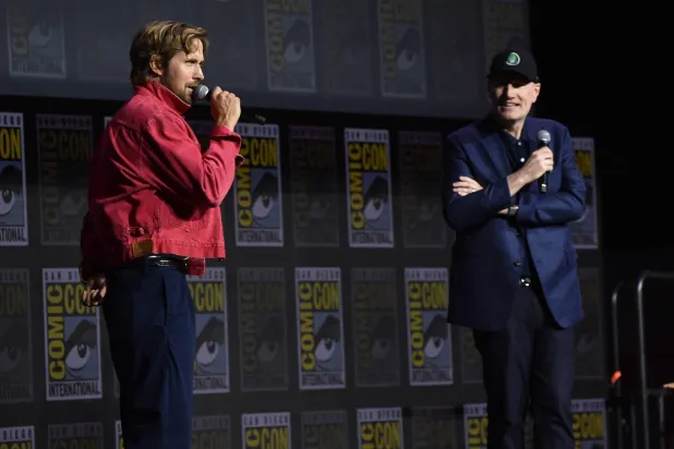 Ryan Gosling, left, and Kevin Feige attend a panel for Marvel Studios during Comic-Con International on Saturday, July 25, 2026, in San Diego. (Photo by Richard Shotwell/Invision/AP)