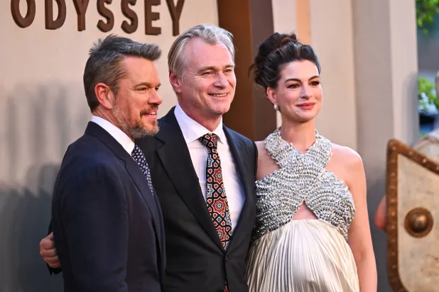 Matt Damon, from left, director Christopher Nolan, and Anne Hathaway attend the premiere of "The Odyssey" at AMC Lincoln Square on Tuesday, July 14, 2026, in New York. (Photo by Evan Agostini/Invision/AP)