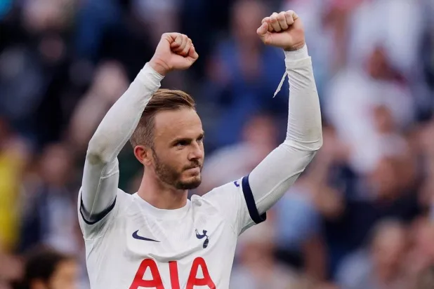Football - Premier League - Tottenham Hotspur v Manchester United - Tottenham Hotspur Stadium, London, Britain - August 19, 2023 Tottenham Hotspur's James Maddison celebrates after the match. (Action Images via Reuters)