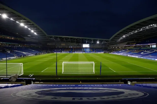 A general view of the Falmer stadium before the English Premier League football match between Brighton and Hove Albion and Newcastle United in Brighton, England, Saturday, March 20, 2021. (AP)