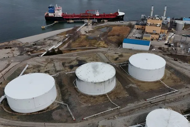 A drone view shows the Portuguese flagged oil and chemical tanker ship CB Pacific docked at the Moran Shipping Agencies Citgo Petroleum Quincy/Braintree Terminal, which according to the company handles home heating oil, gasoline and diesel, after the CB Pacific arrived from Quebec, Canada to Braintree, Massachusetts, US, March 18, 2026. (Reuters) 