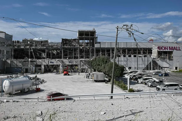 A general view shows damage to part of the Aeon Mall Kumamoto in Kashima, Kumamoto Prefecture, on July 29, 2026, after an earthquake struck southwestern Japan the previous day. (AFP)