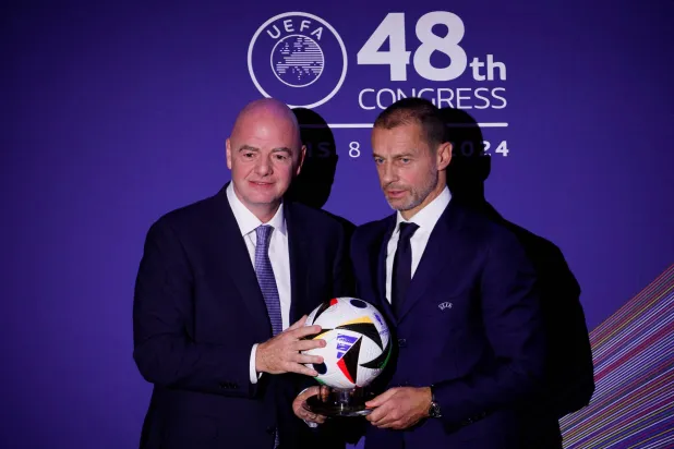 Football - UEFA Congress - Maison de la Mutualite, Paris, France - February 8, 2024 FIFA President Gianni Infantino and UEFA President Aleksander Ceferin during the UEFA Congress. (Reuters)