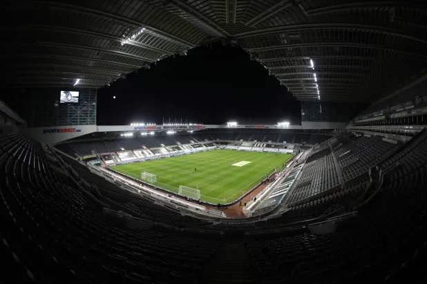 General view of the St James' Park stadium ahead of the English Premier League soccer match between Newcastle United and Wolves in Newcastle, England, Sunday, Feb. 27, 2021. (AP)