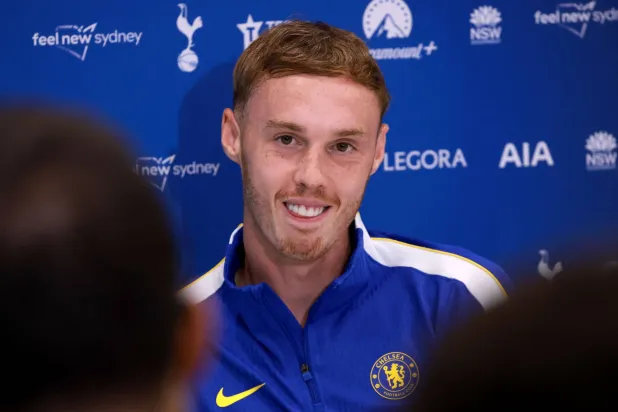 English Premier League football club Chelsea's player Cole Palmer reacts during a press conference in Sydney on July 31, 2026. (AFP)