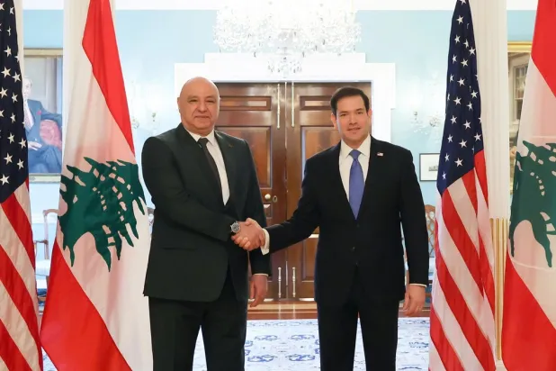 US Secretary of State Marco Rubio shakes hands with Lebanese President Joseph Aoun during a meeting at the US State Department in Washington on Sunday, July 19, 2026. (Lebanese Presidency on X) 