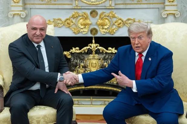 US President Donald J Trump (R) shakes hands with Lebanese President Joseph Aoun (L) during their meeting in the Oval Office of the White House in Washington, DC, USA, 21 July 2026. (EPA)