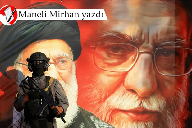 Irak'ın başkenti Bağdat’ta, İran Büyükelçiliği yakınlarında İran ile dayanışma yürüyüşü sırasında, ‘Şehitlerin Efendisi Tugayları’ mensuplarından biri, İran'ın Dini Lideri Ali Hamaney'in yer aldığı bir duvar resminin önünde nöbet tutarken, 19 Haziran 2026 (Reuters)