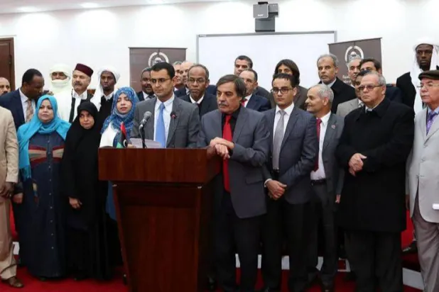 أعضاء بالهيئة الدستورية لصياغة الدستور الليبي خلال مؤتمر صحافي عام 2014 (الصفحة الرسمية للهيئة)
