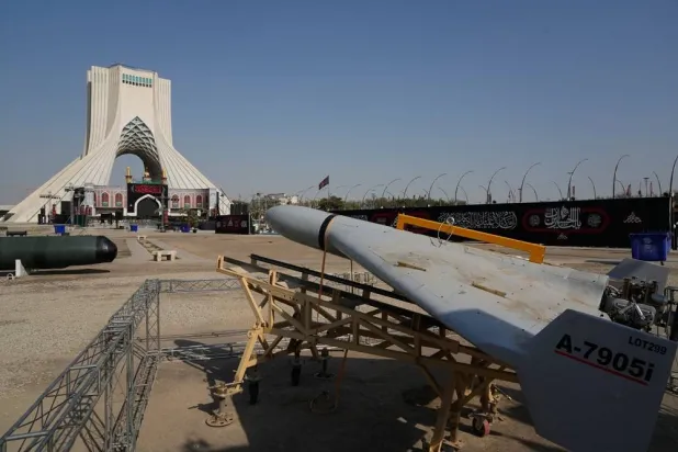 A drone is displayed by the Iranian armed forces in a temporary exhibition in front of the Azadi (Freedom) monument in Tehran, Iran, Wednesday, July 29, 2026. (AP)