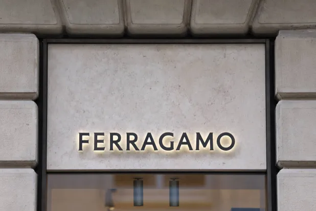 A view of Italian luxury fashion house Salvatore Ferragamo's logo at a store in Milan, Italy, March 6, 2024. (Reuters)