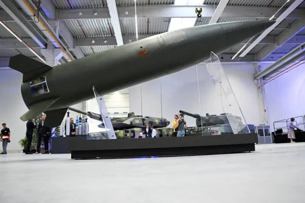 An Army Tactical Missile System (ATACMS) is displayed during the inauguration of a new artillery plant of ammunition maker Rheinmetall, in Unterluess, Germany August 27, 2025. (Reuters) 