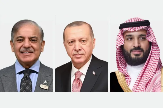 Suudi Arabistan Dışişleri Bakanlığı tarafından paylaşılan fotoğrafta, Suudi Arabistan Veliaht Prensi Muhammed bin Selman, Cumhurbaşkanı Recep Tayyip Erdoğan ve Pakistan Başbakanı Muhammed Şahbaz Şerif  (Suudi Arabistan Dışişleri Bakanlığı)