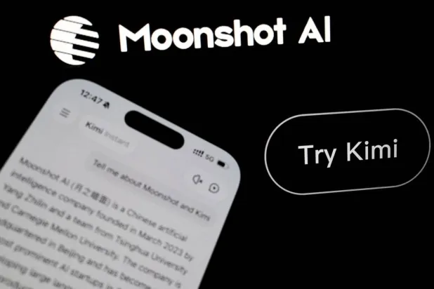 The logo of Chinese company Moonshot AI is displayed alongside its Kimi app on a mobile phone, in this illustration picture taken July 24, 2026. (Reuters)