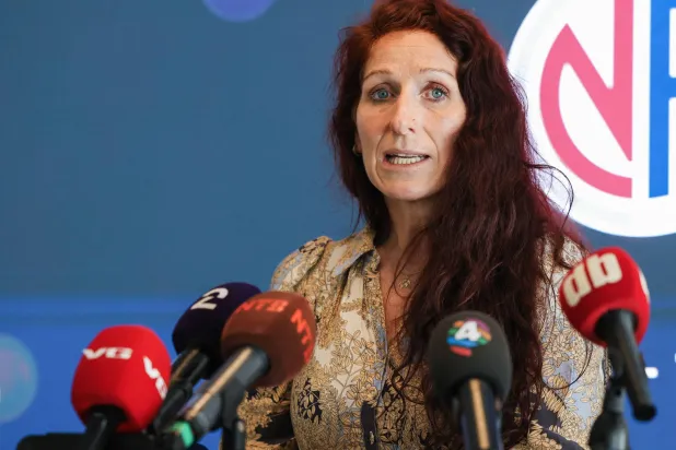 President of the Football Association of Norway Lise Klaveness attends a press conference at Ullevaal Stadium in Oslo on July 31, 2026 about the FIFA plan to sell stakes in the World Cup to a private equity group. (AFP)
