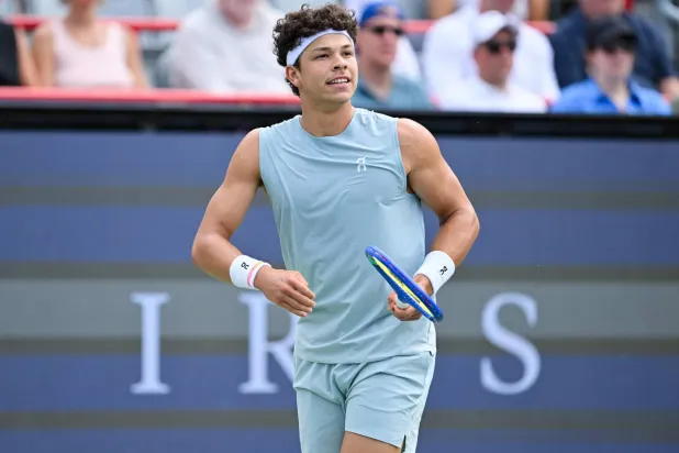 MONTREAL, CANADA - AUGUST 07: Ben Shelton of United States looks on against Zizou Bergs of Belgium during their singles third round match on day six of the ATP 1000 National Bank Open presented by Rogers at Stade IGA on August 7, 2026 in Montreal, Quebec, Canada. Minas Panagiotakis/Getty Images/AFP 