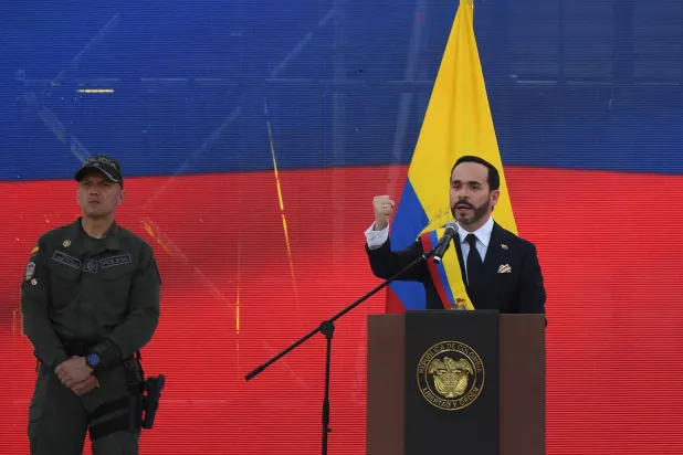  Colombia's new President Abelardo de la Espriella delivers a speech at the Pichincha Battalion after swearing in, in Cali, Colombia, on August 7, 2026. (AFP) 