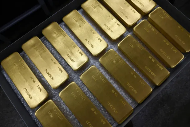 Ingots of 99.99 percent pure gold are placed in a workroom at Krastsvetmet precious metals plant in the Siberian city of Krasnoyarsk, Russia, January 31, 2023. (Reuters)
