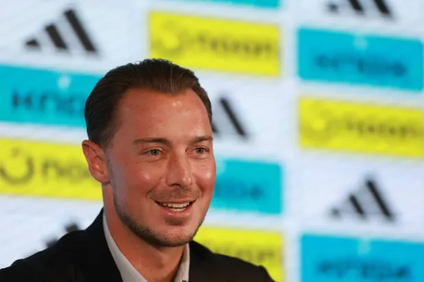 St James' Park, Newcastle, Britain - August 11, 2026, Newcastle United manager Matthias Jaissle during the press conference. (dpa) 