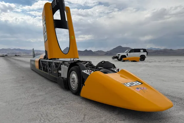  The JCB Hydromax sits on the Bonneville Salt Flats in Wendover, Utah, where Andy Green aims to drive it to a land speed record for cars powered by hydrogen internal combustion engines, Monday, Aug. 10, 2026. (AP)