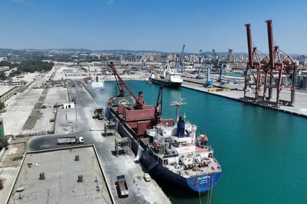 A drone view shows a vessel at Berth NO. 4, which was handed over by Russian forces to the Syrian government, at the port of Tartus in Tartus, Syria, August 12, 2026. (Reuters) 