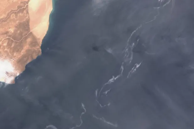 A satellite image shows an oil spill off the coast of Oman, August 11, 2026. (European Union/Copernicus Sentinel-3/Handout via Reuters) 