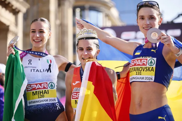 (L-R) Silver medalist Alexandrina Mihai of Italy, gold medalist Maria Perez of Spain, and Lyudmila Olyanovska of Ukraine pose after the Women's Half Marathon Walk at the European Athletics Championships Birmingham 2026, in Birmingham, Britain, 15 August 2026.  EPA/TOLGA AKMEN