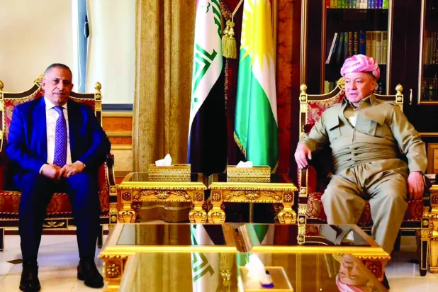 Kurdistan Democratic Party leader Masoud Barzani receives National Security Adviser Qasim Al-Aboudi in Erbil on August 15, 2026 (government media).