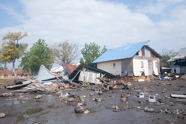 A house damaged by a tsunami following a magnitude 7.7 earthquake is seen in Mbay, Nagekeo, East Nusa Tenggara province, Indonesia, 15 August 2026. EPA/IGNASIUS KUNDA
