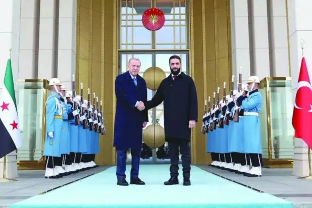 Cumhurbaşkanı Erdoğan, Şubat 2025'te Suriye Cumhurbaşkanı Ahmed el-Şara'yı Türkiye'ye yaptığı ilk ziyaretinde ağırladı (Türkiye Cumhurbaşkanlığı)