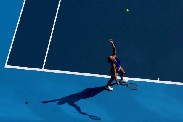 MASON, OHIO - AUGUST 16: Aryna Sabalenka serves to Talia Gibson of Australia during day six of the Cincinnati Open at the Lindner Family Tennis Center on August 16, 2026 in Mason, Ohio. Matthew Stockman/Getty Images/AFP 