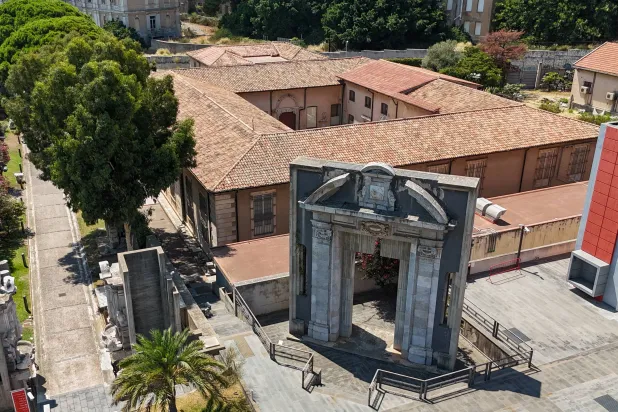 A drone view shows the grounds of the Museo Regionale di Messina, where four artworks by 15th-century painter Antonello da Messina were stolen overnight, in Messina, Sicily, Italy, August 16, 2026. (Reuters)