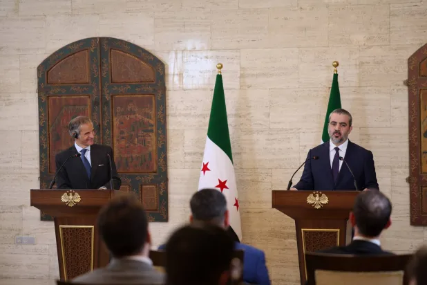  International Atomic Energy Agency's director-general Rafael Mariano Grossi, left, and Syrian Foreign Minister Asaad al-Shibani attend a press conference in Damascus, Syria, Tuesday Aug. 18, 2026. (AP) 