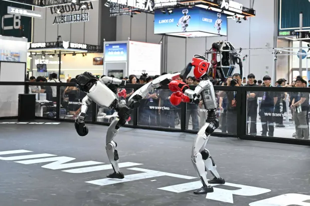 Two robots produced by Unitree take part in a fighting demonstration during the 2026 World Robot Conference in Beijing on August 19, 2026. (AFP) 