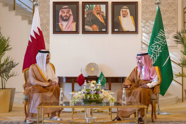 جانب من مباحثات الأمير فيصل بن فرحان والشيخ محمد بن عبد الرحمن آل ثاني في الرياض (واس)