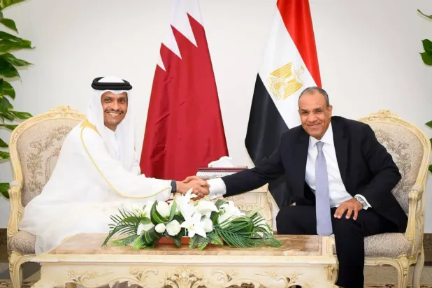 وزير الخارجية المصري والشيخ محمد بن عبد الرحمن بن جاسم آل ثاني رئيس مجلس الوزراء وزير الخارجية بدولة قطر (الخارجية المصرية)