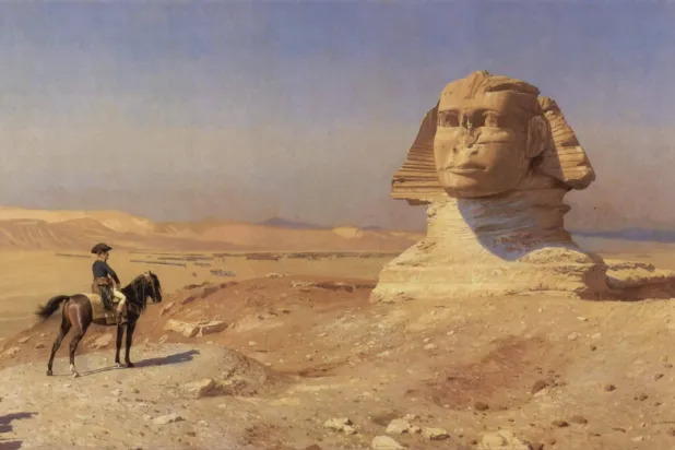 لوحة «نابليون أمام أبو الهول» بريشة «جان ليون جيروم» (قرابة سنة 1868) محفوظة في قلعة هيرست بولاية كاليفورنيا في الولايات المتحدة (ويكيبيديا)