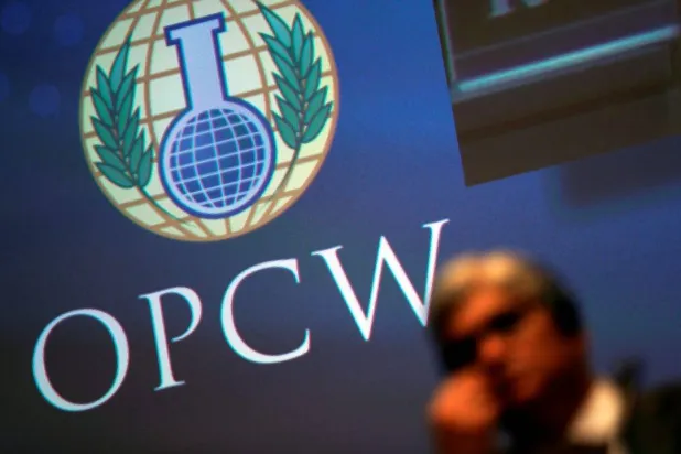 The logo of the Organization for the Prohibition of Chemical Weapons (OPCW) is seen during a special session in the Hague, Netherlands June 26, 2018. REUTERS/Yves Herman Purchase Licensing Rights