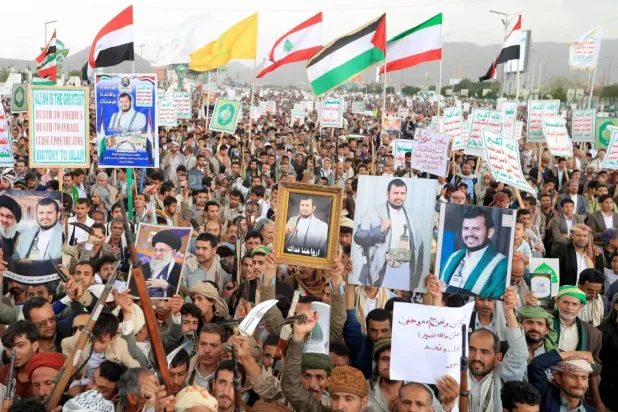  A Houthi rally in Sanaa called by the group’s leader in support of land and maritime attacks (AFP) 